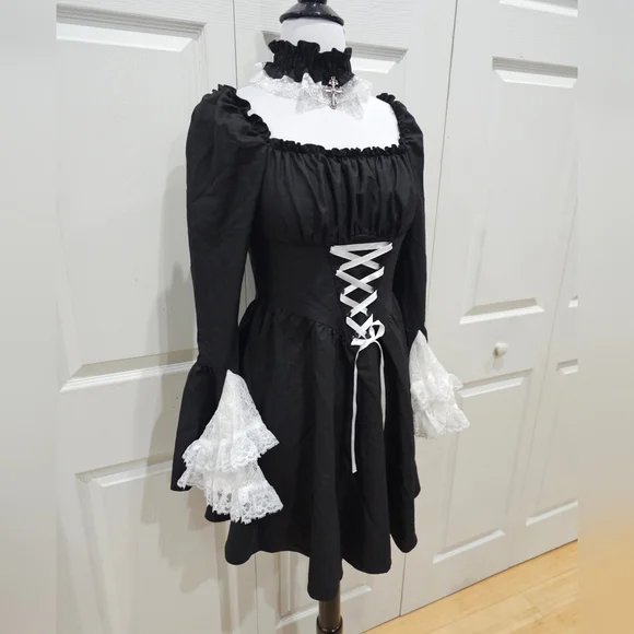 Dolls Kill Dark In Love Black & White Lace Goth Witchy Lace Up Mini Dress M - Picture 2 of 11
